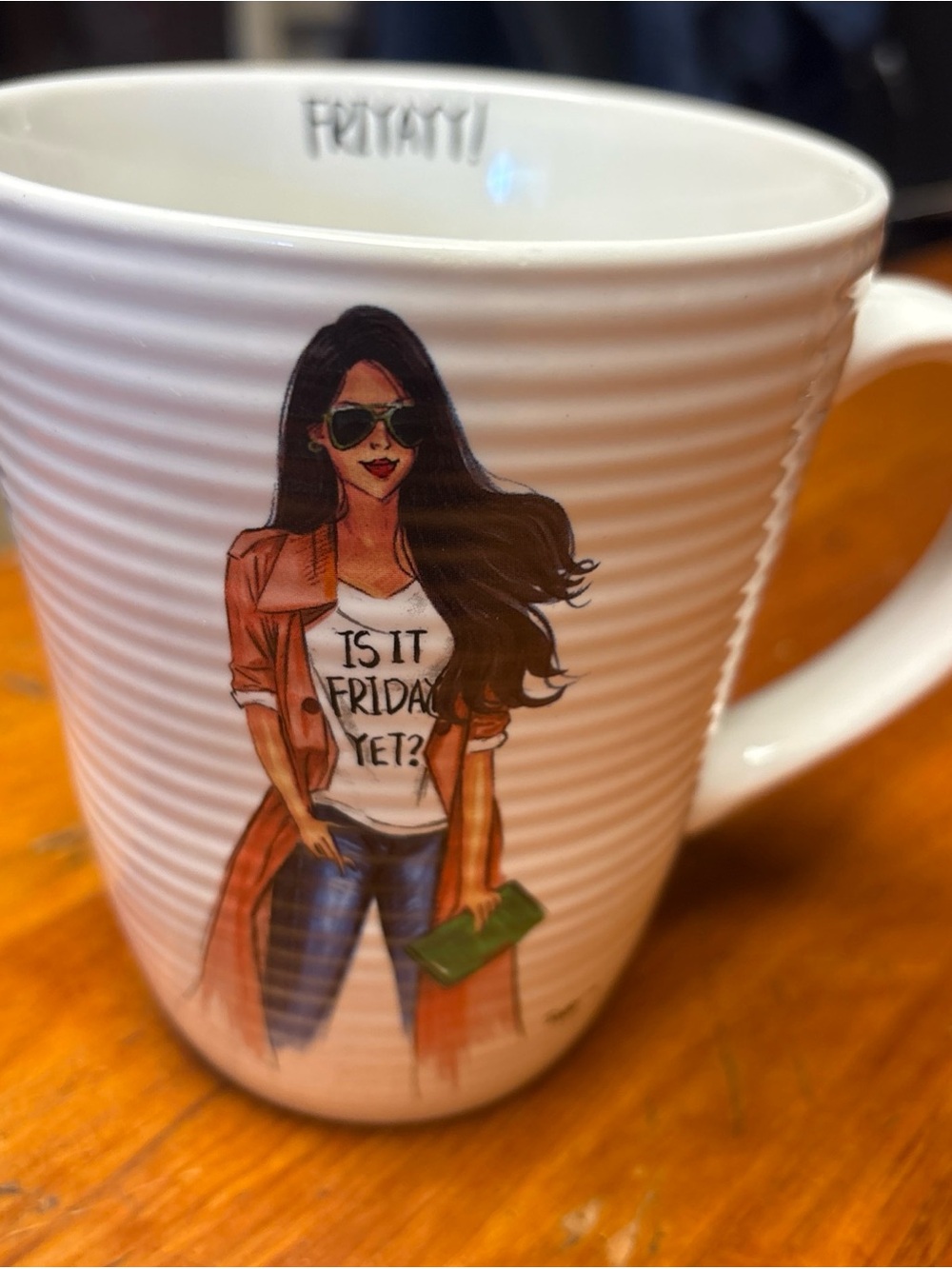 Stylish White Ceramic Coffee Mug with 'Is It Friday Yet?' Graphic
